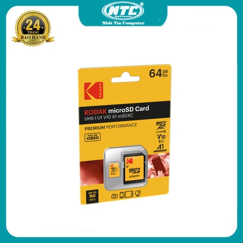 Thẻ nhớ microSDXC Kodak 64GB EKMSDM64GHC10K UHS-I U1 V10 hỗ trợ ghi hình FullHD - kèm adapter SD (vàng)