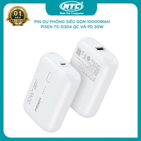 Pin dự phòng sạc nhanh Pisen TS-D304 siêu nhỏ gọn 10000mAh - Hỗ trợ QC 3.0 và PD 3.0 20W (trắng)