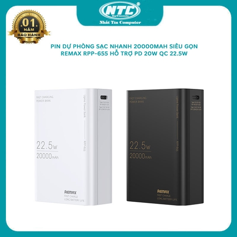 Pin dự phòng sạc nhanh Remax RPP-655 siêu gọn 20000mah hỗ trợ QC 22.5W và PD 20W - sạc 2 thiệt bị cùng lúc (2 màu)