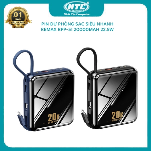 Pin dự phòng sạc nhanh Remax RPP-51 dung lượng 20000mAh 22.5W tích hợp 2 đèn pin siêu sáng (2 màu tuỳ chọn)