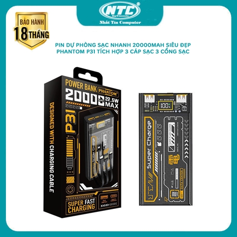 Pin dự phòng sạc nhanh iphone 15 PHANTOM P31 20000mAh tích hợp 3 cổng 3 cáp sạc - hỗ trợ QC 22.5 và PD 20W (trắng, đen)