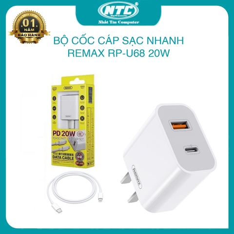 Bộ cốc cáp sạc nhanh 2 cổng Remax RP-U68 typeC to lightning hỗ trợ USB QC 3.0 18W và TypeC PD 20W (Trắng)