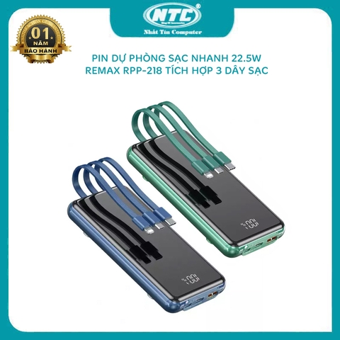 Pin dự phòng sạc nhanh Remax RPP-218 dung lượng 10000mAh QC và PD 22.5W - tích hợp 3 dây sạc thông dụng (MÀU NGẪU NHIÊN)