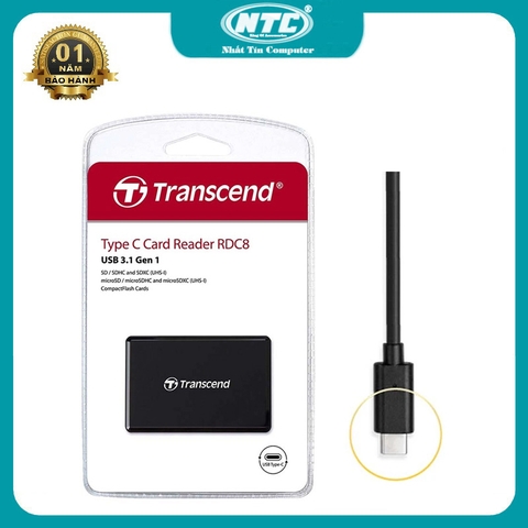 Đầu đọc thẻ nhớ ALL-IN-ONE Transcend RDC8 TypeC Gen 1 hỗ trợ khe microSD/SD/CF (Đen)