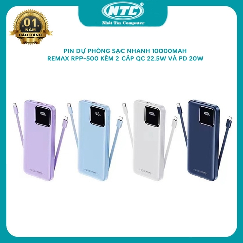 Pin dự phòng sạc nhanh Remax RPP-500 Suji Series 10000mAh tích hợp 2 cáp sạc - hỗ trợ QC 22.5W và PD 20W (MÀU NGẪU NHIÊN)