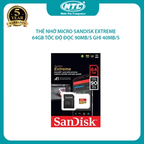 Thẻ nhớ MicroSDXC Sandisk Extreme 64GB 600X 90MB/s UHS-I U3 - Kèm Adapter (Gold)