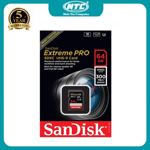 Thẻ nhớ máy ảnh 2000X SDXC SanDisk Extreme Pro 64GB U3 V90 UHS-II đọc 300MB/s ghi 260MB/s SDSDXDK-064G-GN4IN (đen)