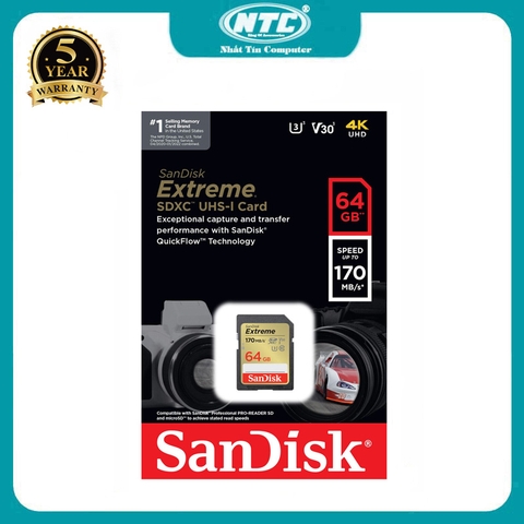 Thẻ nhớ Máy Ảnh SDXC SanDisk Extreme 64GB V30 UHS-I U3 4K đọc 170MB/s ghi 80MB/s (Vàng)
