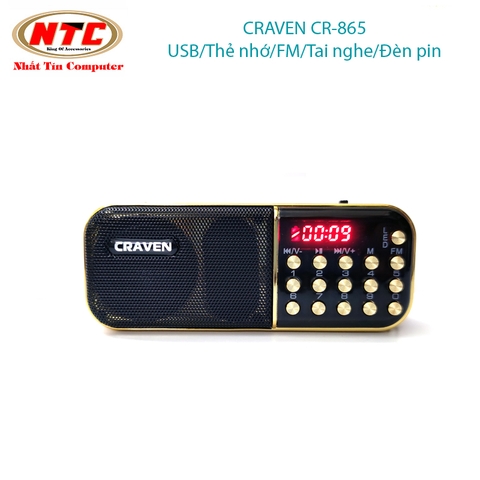 Loa đài FM Craven CR-865 hỗ trợ Thẻ nhớ/ USB/ Tai nghe/ Đèn pin - dùng pin rời 18650 (Đen đỏ)