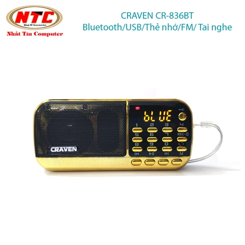 Loa đài FM đa năng Craven CR-836BT hỗ trợ Bluetooth/ Thẻ nhớ/ USB/ Tai nghe/ Đèn pin - dung lượng pin 4400mah (Đen đỏ)