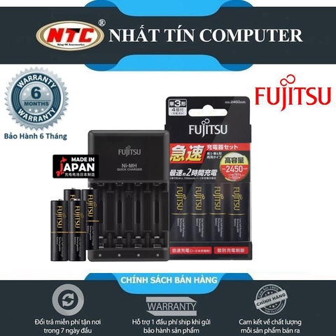 Box sạc kèm 4 pin AA Fujitsu 2450mAh hỗ trợ sạc nhanh Quick charge - made in JAPAN (đen)