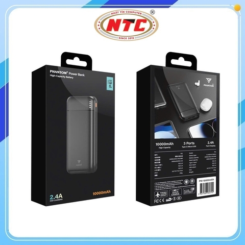 Pin dự phòng Phantom P61 10000mah Cổng TypeC PD In/Out & USB-A out 2.1A