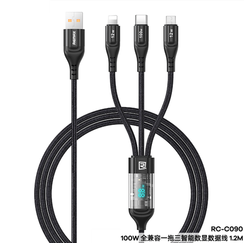 Cáp sạc nhanh đa năng 3in1 Remax RC-C090 USB to TypeC / Lightning / MicroUSB max 100W, dài 1.2M, Màn hình LCD hiển thị dòng sạc (Đen)