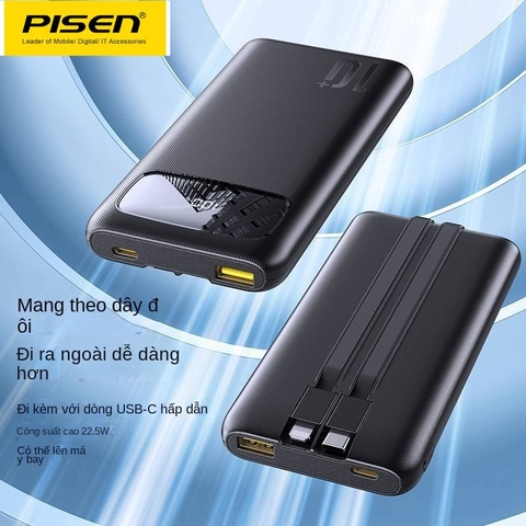 Pin dự phòng 20000mAh - PISEN Quick 22.5W liền cáp sạc iPhone & Type-C (D28)