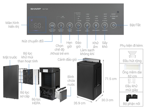 Máy hút ẩm kết hợp lọc không khí Sharp DW-T30FV-H
