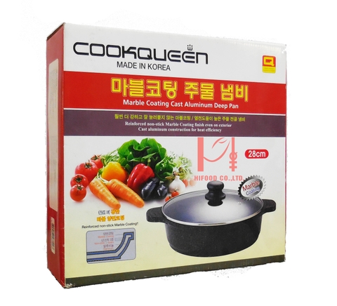 Nồi vân đá dẹt chống dính Cookqueen Hàn Quốc (nắp kính) 28cm