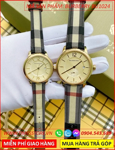 Đồng Hồ Cặp Đôi Burberry Classic Mặt Tròn Vàng Gold Dây Da Sọc (32mm-40mm)