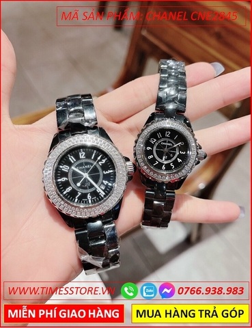 Đồng Hồ Cặp Đôi Chanel J12 Mặt Đính Đá Dây Ceramica Đen (34mm-38mm)