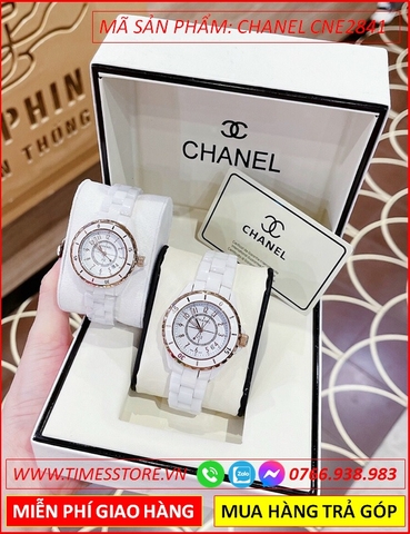 Đồng Hồ Cặp Đôi Chanel J12 Mặt Tròn Vàng Gold Dây Ceramica Trắng (34mm-38mm)