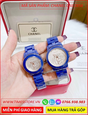 Đồng Hồ Cặp Đôi Chanel Mặt Hoa 3D Vàng Gold Dây Ceramica Xanh (33mm-38mm)