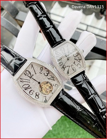 Đồng Hồ Cặp Đôi Davena Dây Da Full Đá Swarovski Tựa Franck Muller (36mm-52mm)