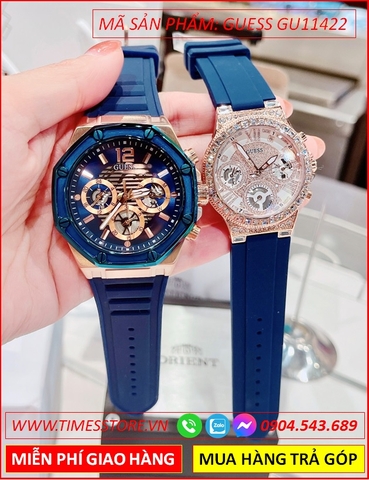 Đồng Hồ Cặp Đôi Guess Chronograph Mặt Đính Đá Dây Silicone Xanh (36mm-45mm)