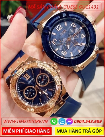 Đồng Hồ Cặp Đôi Guess Chronograph Mặt Tròn Dây Cao Su Xanh (38mm-40mm)