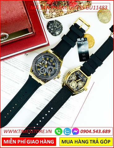 Đồng Hồ Cặp Đôi Guess Chronograph Vàng Gold Dây Silicone Đen (38mm-44mm)