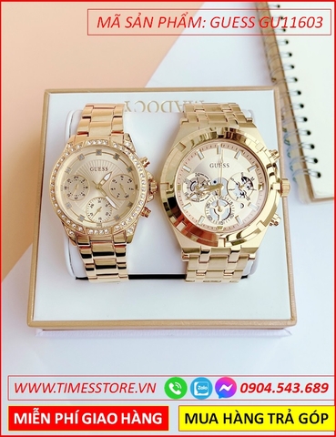 Đồng Hồ Cặp Đôi Guess Mặt Tròn Chronograph Dây Vàng Gold (36mm-44mm)