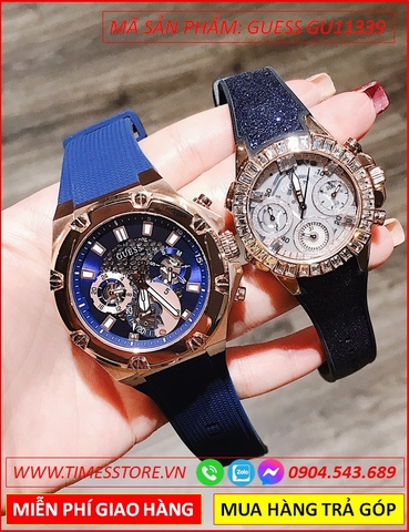 Đồng Hồ Cặp Đôi Guess Mặt Tròn Chronograph Dây Cao Su Thể Thao (36mm-45mm)