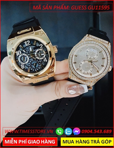 Đồng Hồ Cặp Đôi Guess Mặt Tròn Vàng Gold Dây Silicone (39mm-43mm)