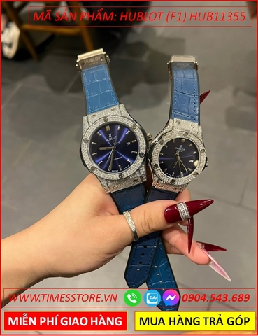 Đồng Hồ Cặp Đôi Hublot F1 Mặt Tròn Đính Đá Dây Da Xanh Bọc Silicone (34mm-42mm)