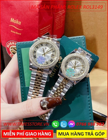 Đồng Hồ Cặp Đôi Rolex F1 Date Just Mặt Trắng Đính Đá Dây Demi (32mm-38mm)