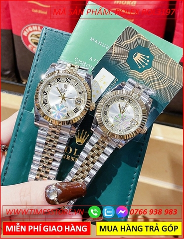 Đồng Hồ Cặp Đôi Rolex Date Just Mặt Trắng Niềng Khía Dây Demi (32mm-38mm)