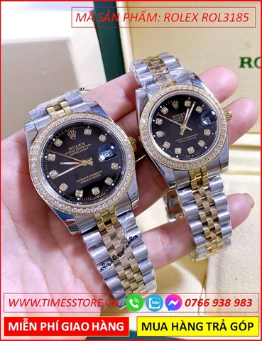 Đồng Hồ Cặp Đôi Rolex F1 Mặt Đen Đính Đá Dây Demi (31mm-36mm)