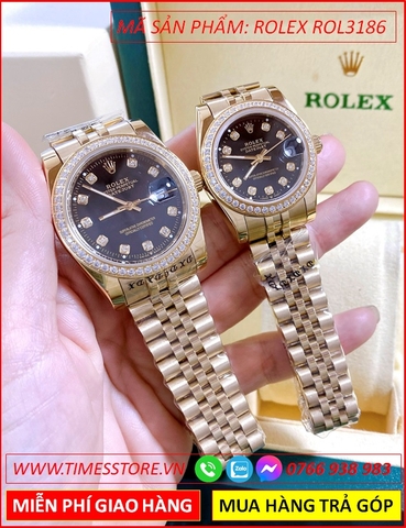 Đồng Hồ Cặp Đôi Rolex F1 Mặt Đen Đính Đá Dây Vàng Gold (31mm-36mm)