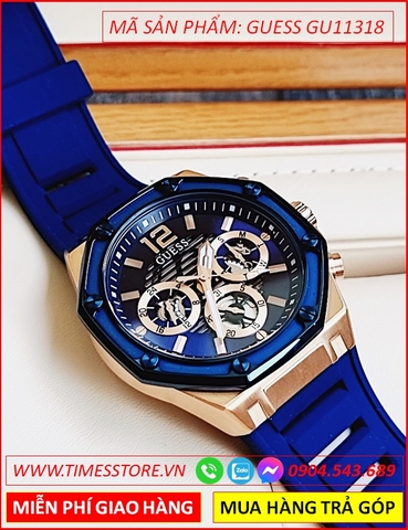 Đồng Hồ Nam Guess Mặt Tròn Xanh Chronograph thể thao Silicone Xanh (45mm)