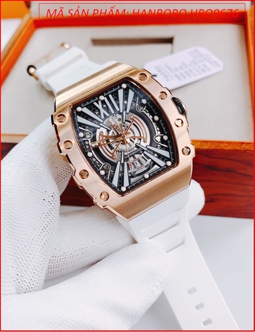 Đồng Hồ Nam Hanboro Automatic Mặt Oval Rose Gold Dây Silicone Trắng (43mm)