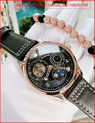 Đồng Hồ Nam Hanboro Automatic Mặt Tròn Đen Rose Gold Dây Da (44mm)