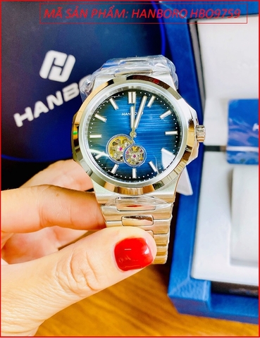 Đồng Hồ Nam Hanboro Automatic Mặt Tròn Xanh Dây Kim Loại (42mm)