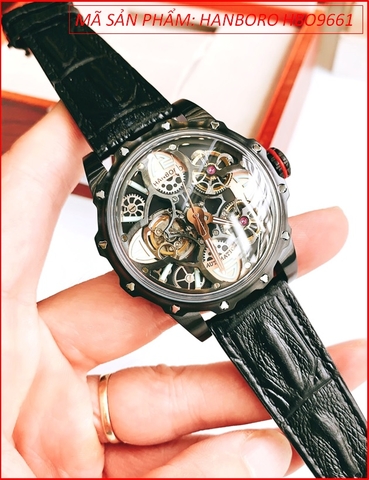 Đồng Hồ Nam Hanboro Tourbillon Automatic Mặt Full Đen Dây Da (44mm)