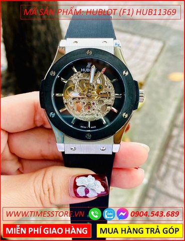 Đồng Hồ Nam Hublot F1 Automatic Mặt Tròn Lộ Cơ Dây Silicone Đen (42mm)