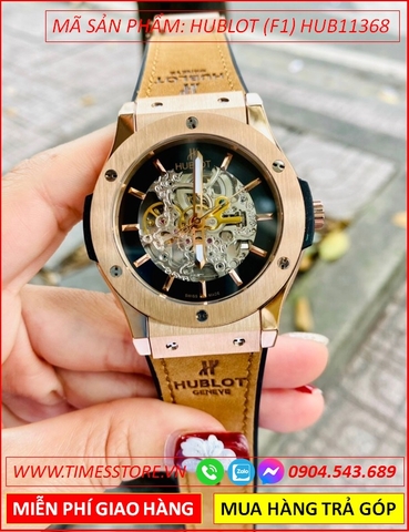 Đồng Hồ Nam Hublot F1 Automatic Rose Gold Lộ Cơ Dây Da Nâu Bọc Silicone (42mm)