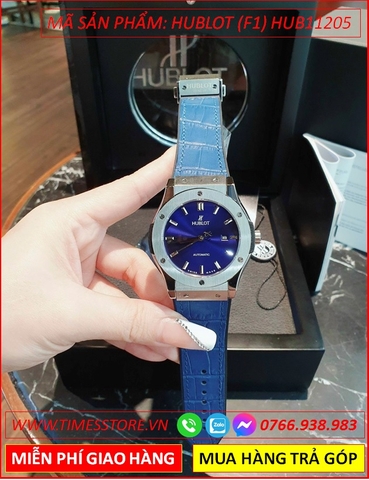 Đồng Hồ Nam Hublot F1 Cơ Mặt Tròn Dây Cao Su Xanh Bọc Da (42mm)