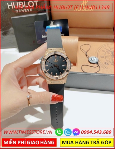 Đồng Hồ Nam Hublot F1 Mặt Tròn Đính Đá Rose Gold Dây Silicone Đen (42mm)