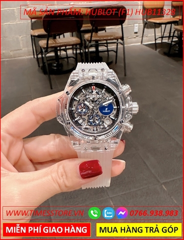 Đồng Hồ Nam Hublot F1 Mặt Tròn Trong Suốt Dây Silicone Trắng (42mm)