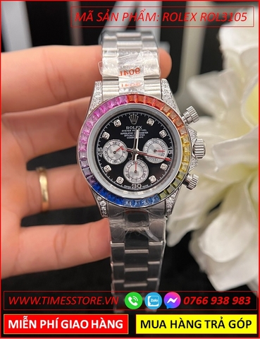 Đồng Hồ Nam Rolex F1 Automatic Daytona Rainbow Đính Đá Nhiều Màu (40mm)