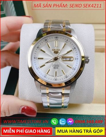 Đồng Hồ Nam Seiko Automatic Mặt Tròn Trắng Dây Demi Vàng Gold (42mm)