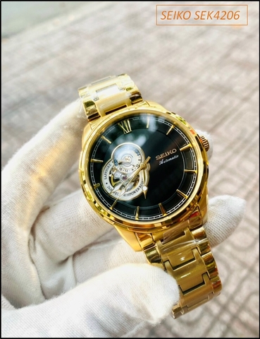 Đồng hồ Nam Seiko Luxury Full Gold Cơ Tự động hở Tim mặt Đen (42mm)