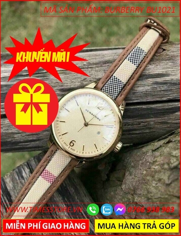 Đồng Hồ Nữ Burberry Mặt Tròn Vàng Gold Dây Da Sọc Viền Nâu (32mm)